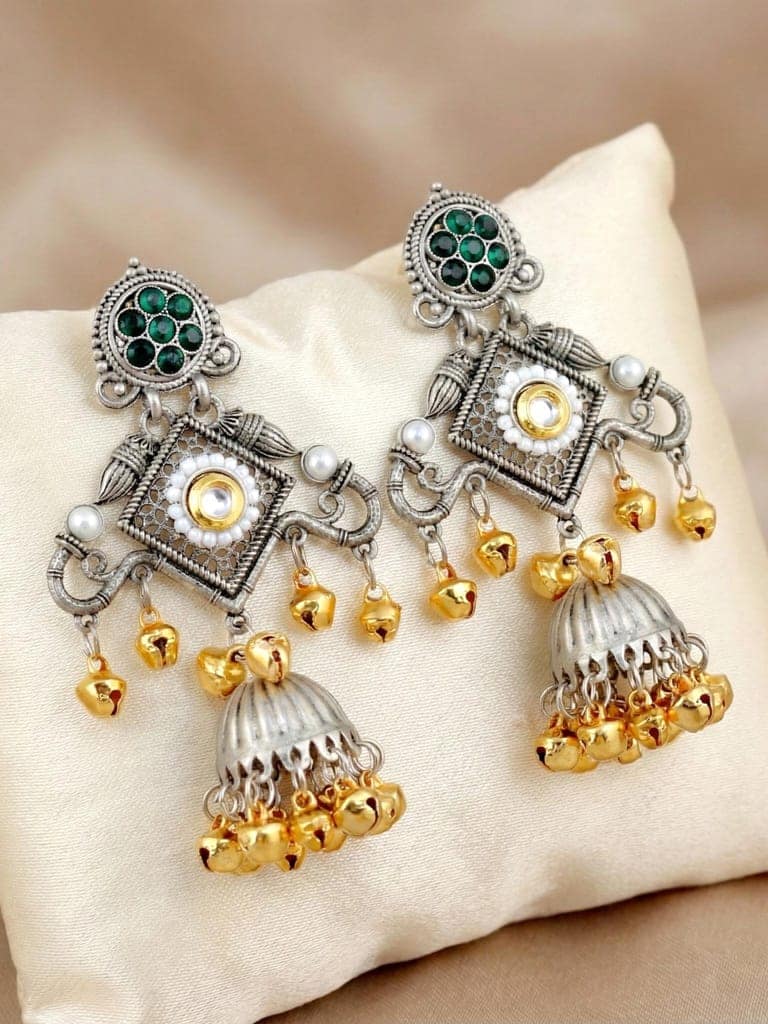 LUCKY JEWELLERY Traditional Dual-Tone Oxidized Earrings with Green Stone (542-KEO-17914-G) view 3