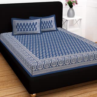 Lali Prints Blue White Ethnic Motifs Cotton 130 TC Queen Bedsheet with 2 Pillow Covers