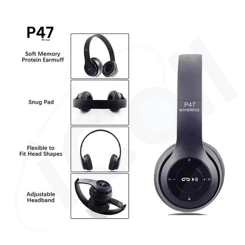 P47 Wireless Bluetooth Headphones, Deep Bass, Foldable Design, Built-in Mic, All-Day Comfort and Noise Isolation Color - Black view 2