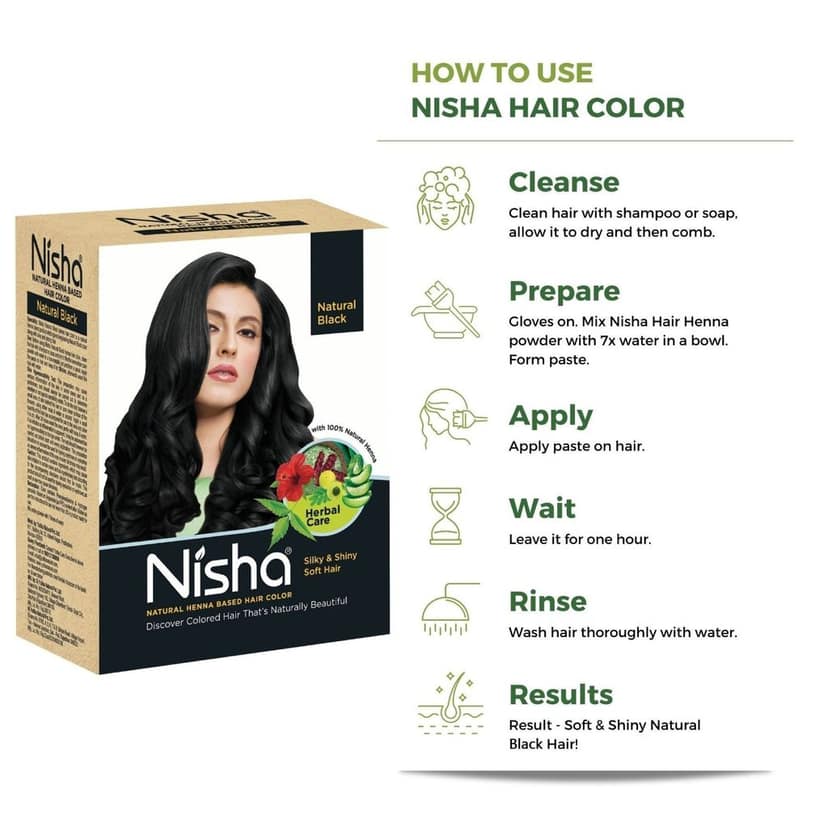 Nisha Henna Based Hair Color Natural Black 60g Pack of 2, Henna Powder Hair Color Dye Black Hair Colour view 8