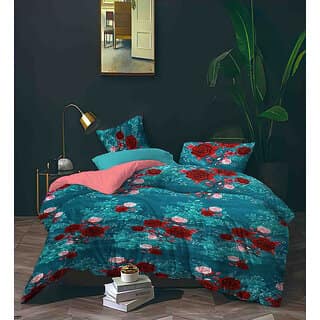 Black Bee Pink Red Flowers Print On Torquise Base Double Bedsheet With 2 Pillow Covers (208 X 213 Cm)(Bs8-07)