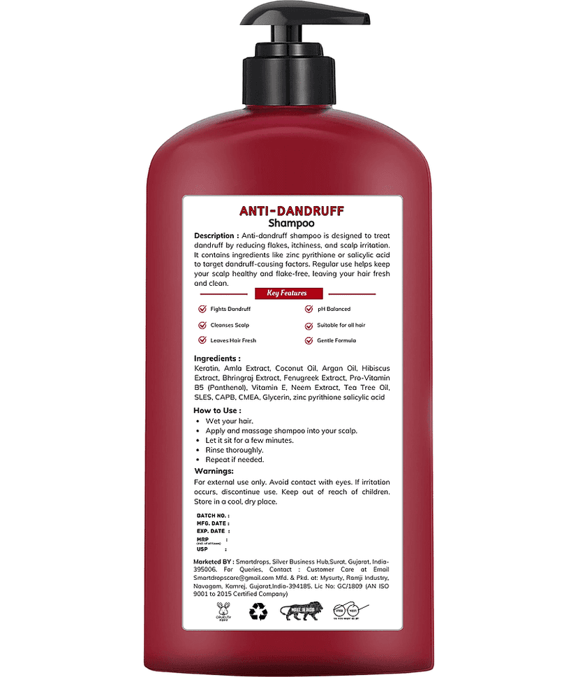 Smartdrops Anti Dandruff Shampoo 1ltr ( Pack of 1 ) view 2