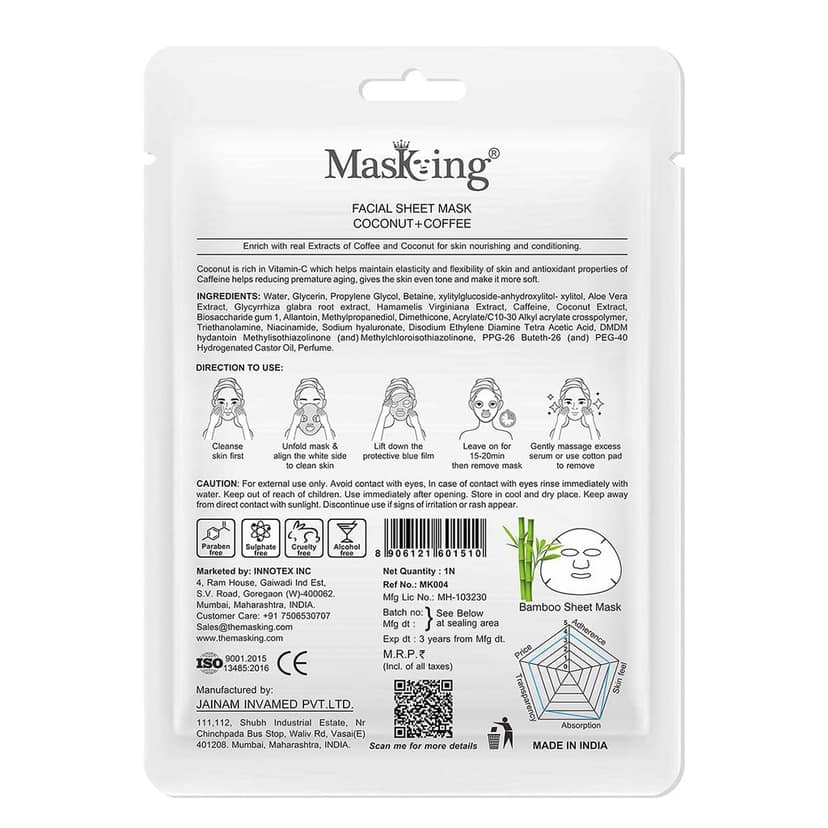 MasKing Bamboo Facial Sheet Mask of Coconut & Coffee for Skin Nourishing & Conditioning Ideal for Women & Men, 20ml each (Pack of 2) view 3