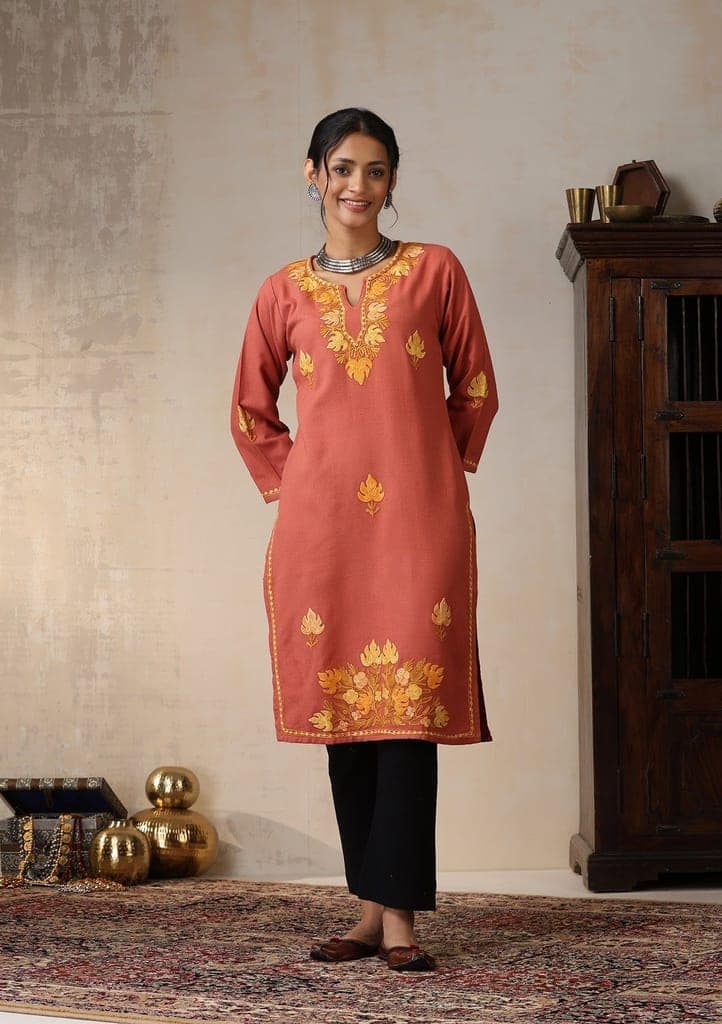 HOC Crafts Aari Embroidered Woollen Solid Women's Long Kurta - Coral view 3
