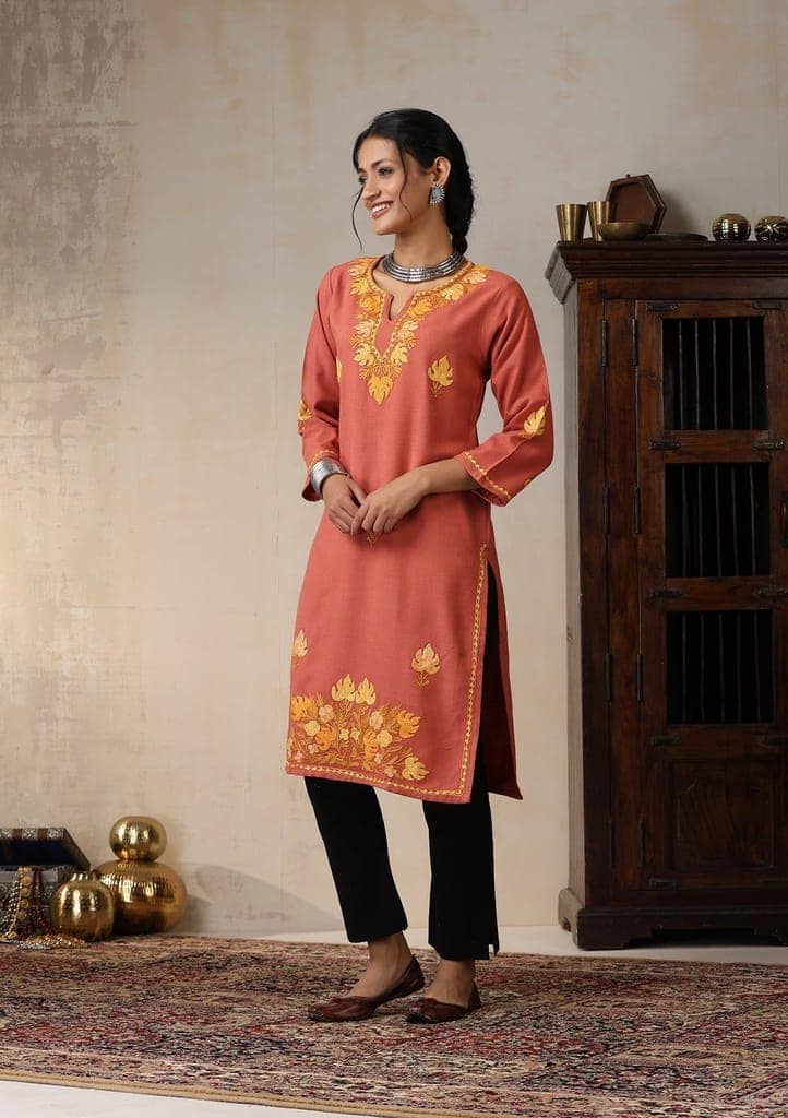 HOC Crafts Aari Embroidered Woollen Solid Women's Long Kurta - Coral view 6