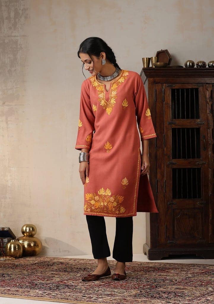HOC Crafts Aari Embroidered Woollen Solid Women's Long Kurta - Coral view 7