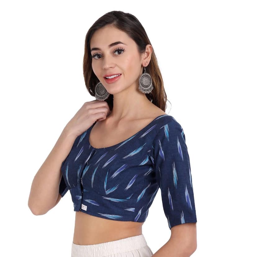 Ikkat Normal Cotton Elbow Length Sleeve Blouse, Navy Blue view 2