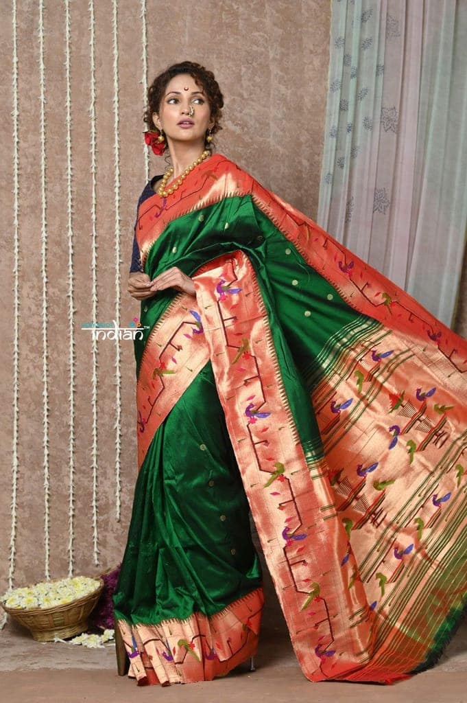 Tyohaar ~ Signature Weave! Handloom Pure Silk Paithani Saree with Handcrafted Peacock Parrot Zari Border ~ Royal Green view 2