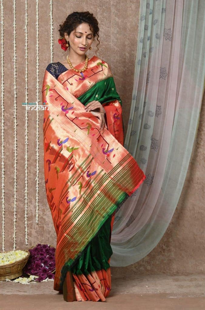 Tyohaar ~ Signature Weave! Handloom Pure Silk Paithani Saree with Handcrafted Peacock Parrot Zari Border ~ Royal Green view 4
