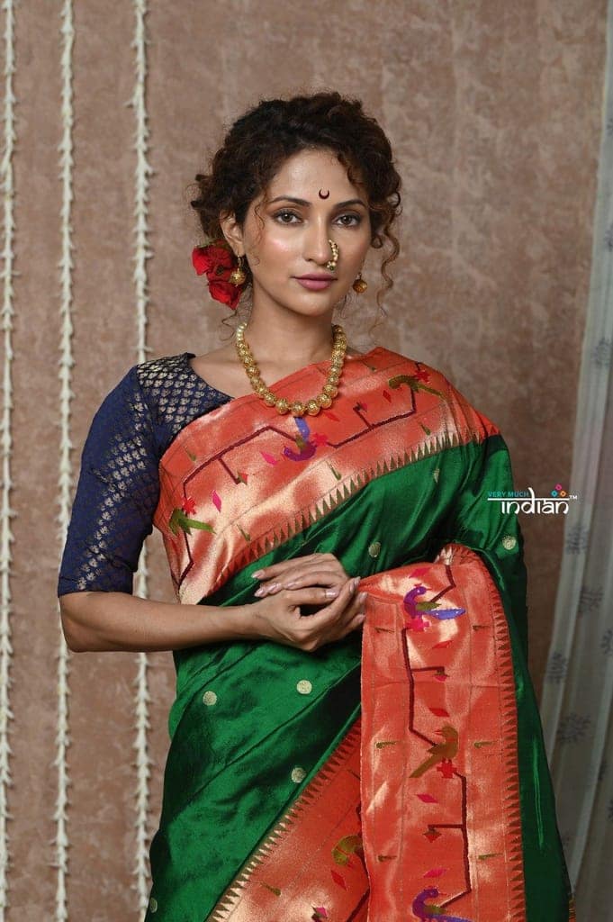 Tyohaar ~ Signature Weave! Handloom Pure Silk Paithani Saree with Handcrafted Peacock Parrot Zari Border ~ Royal Green view 5