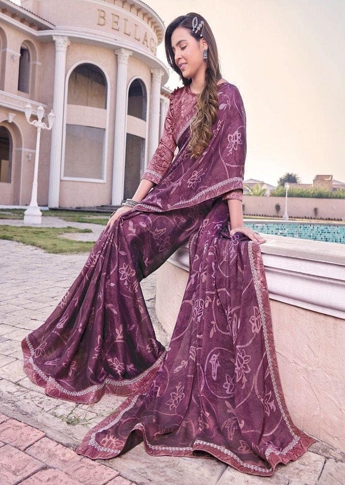 Digital Printed Georgette Saree in Wine view 2