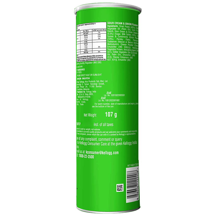 Pringles Potato Chips - Sour Cream & Onion Flavour, Crunchy & Crispy, 107 G Can view 2
