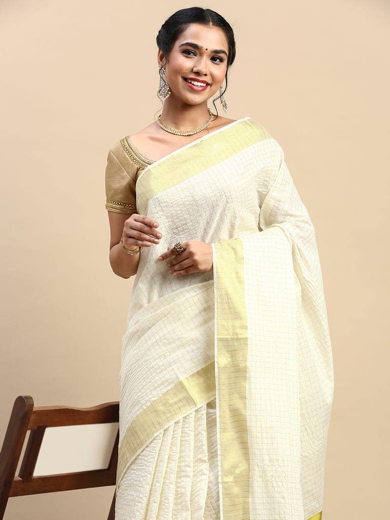 Kerala Saree Cream Gold Jari Border with Checked self design KS90