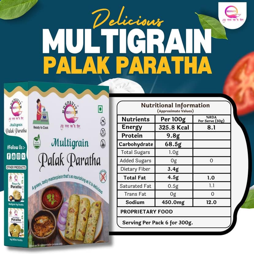 Multigrain Palak Paratha | Paratha Premix 300 Gm, Peanut Chutney 50g and Mix Pickle 50g | Ready To Cook | No Preservative | Made With Natural Ingredients view 2
