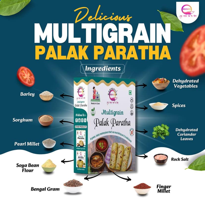 Multigrain Palak Paratha | Paratha Premix 300 Gm, Peanut Chutney 50g and Mix Pickle 50g | Ready To Cook | No Preservative | Made With Natural Ingredients view 3