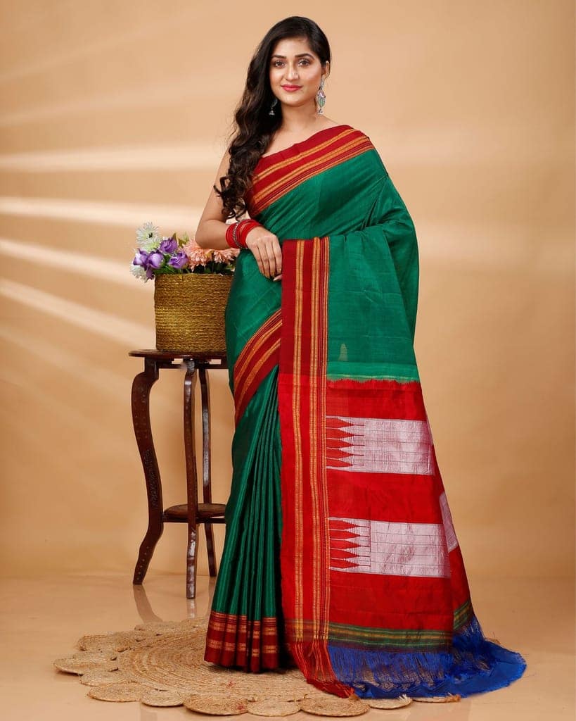 ILKAL Handloom Cotton Silk Saree Dark Green Color with running blouse-6628