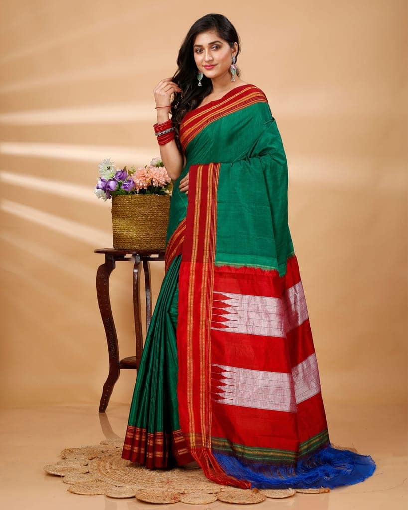 ILKAL Handloom Cotton Silk Saree Dark Green Color with running blouse-6628 view 2