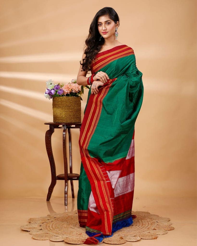 ILKAL Handloom Cotton Silk Saree Dark Green Color with running blouse-6628 view 3
