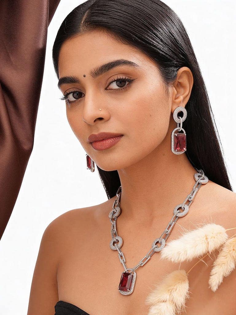 Silver Plated Ruby Red AD Studded Cocktail Link Jewellery Set view 2