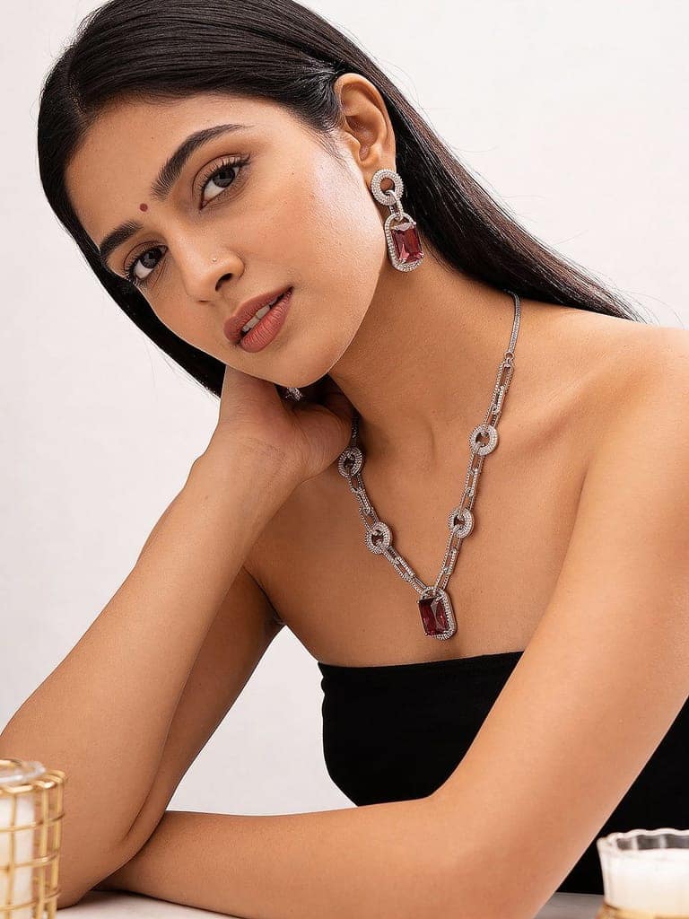 Silver Plated Ruby Red AD Studded Cocktail Link Jewellery Set view 3
