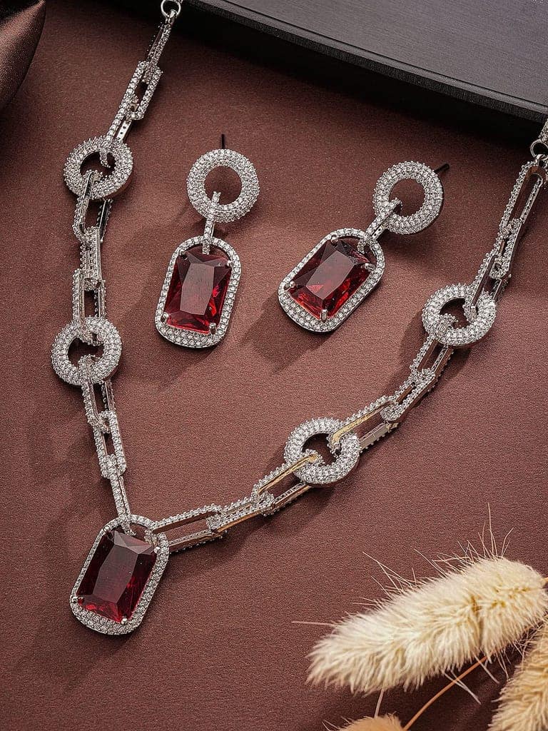 Silver Plated Ruby Red AD Studded Cocktail Link Jewellery Set view 4