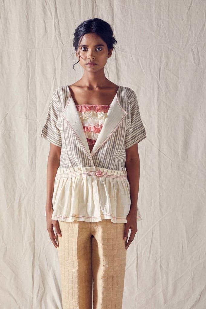 Peplum Jacket In Striped Organic Cotton And Off White Cotton Khadi Mulmul view 2