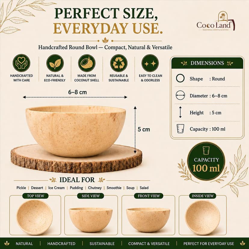 CocoLand ROUND Coconut Shell SAUCE & PICKLE Bowl 100 ml | Handcrafted Natural Coconut Shell Bowl | Coconut Oil Polished Chutney, Dip & Pickle Serving Bowl | Eco-Friendly Reusable Snack & Dessert Bowl view 2