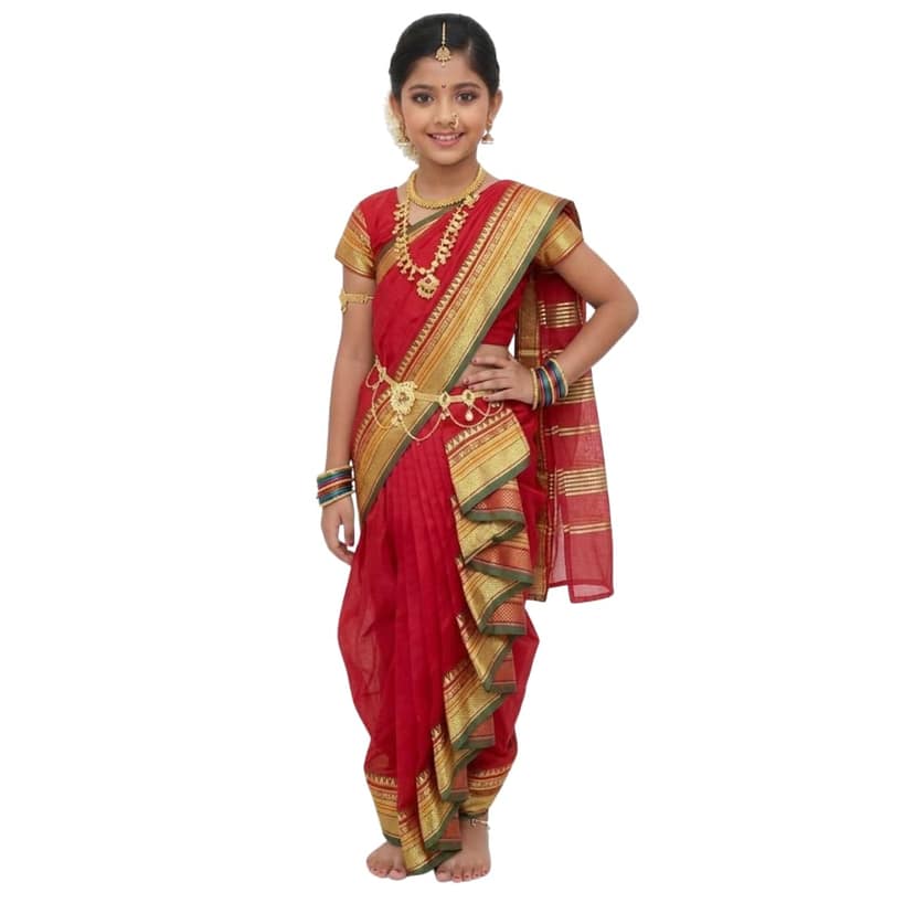 Mom and Me Girls' Ready-to-Wear Mastani Nauwari Saree with Stitched Blouse | Traditional Maharashtrian Ilkal Border | Soft Acrylic Cotton | Age 12 Months to 15 Years (Red, 8-9 Years)