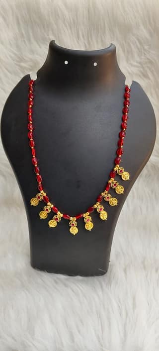 Delicate Gold Plated Laxmi Coin Necklace Set with Red Beads
