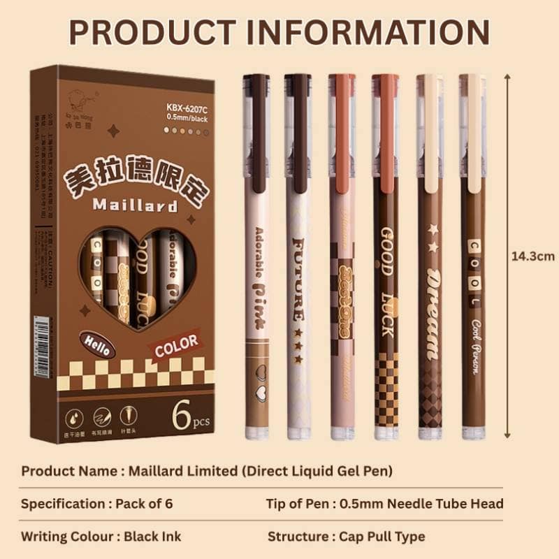 Maillard Gel Pen Set (Pack of 6, Black Ink, 0.5mm) | Direct Liquid Head | Smooth Writing view 6