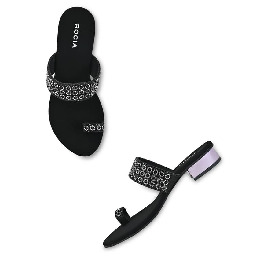 Black Women Diamond Embellished Box Heel Sandals