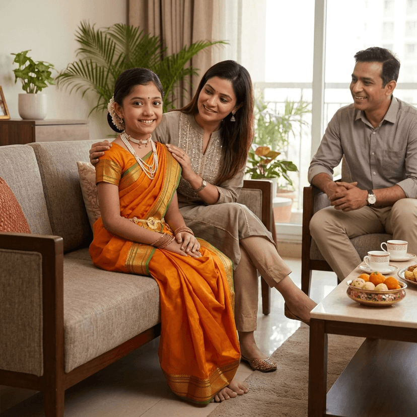 Mom and Me Peshwai Nauwari Saree for Kids (1–10 Years) Ready to Wear Maharashtrian Traditional Dress | Belgaon Silk with Cotton Lining | Stitched Blouse Included (Musterd, 12-13 Years) view 3