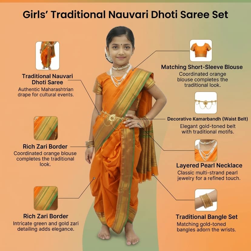 Mom and Me Peshwai Nauwari Saree for Kids (1–10 Years) Ready to Wear Maharashtrian Traditional Dress | Belgaon Silk with Cotton Lining | Stitched Blouse Included (Musterd, 12-13 Years) view 4
