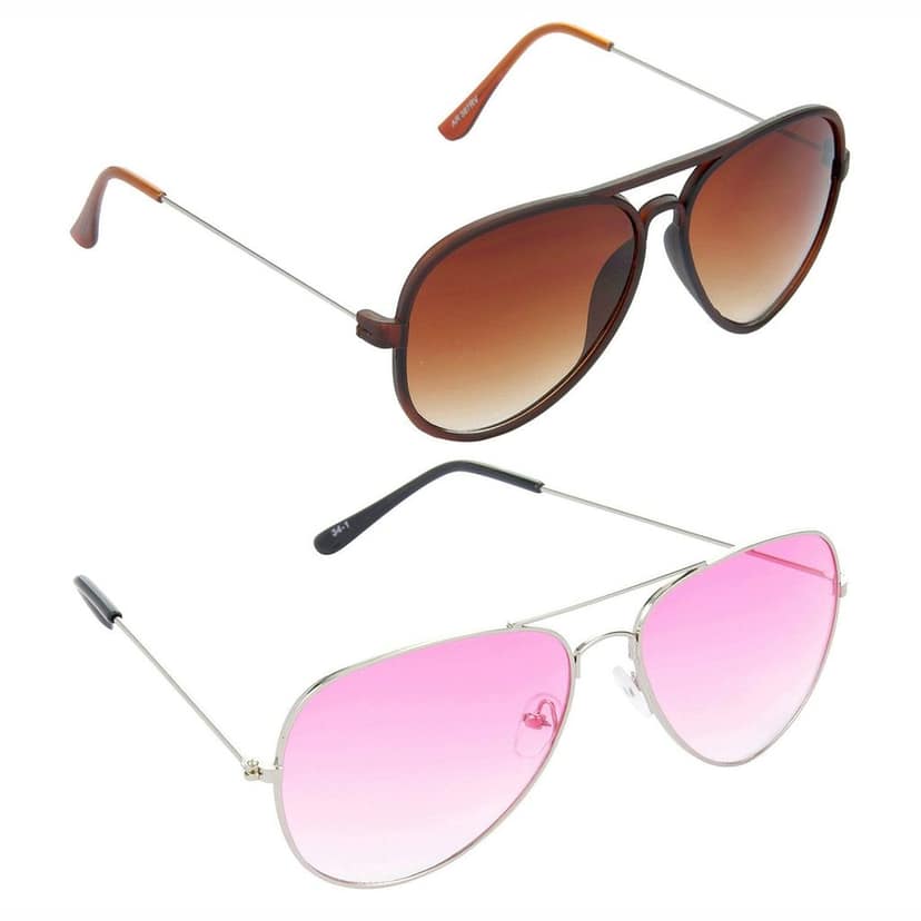 HRINKAR Men Women Boys & Girls Pilot & Rectangular Sunglasses Brown & Silver Frame, Brown & Pink Lens (Medium) Pack of - 2