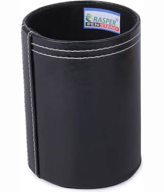 Rasper Genuine Leather Black Pen Holder for Office Table Stylish Round Pen Pencil Holder Desk Organizer Multipurpose Pen Stand Holder (3x3x4 Inches)