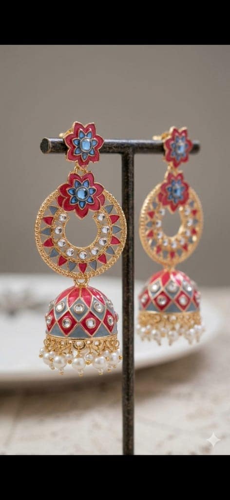 Elegant Pink and Grey Jhumka Earrings with Kundan Work