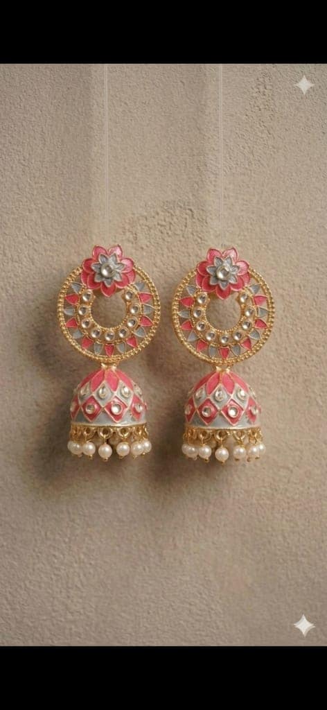 Elegant Pink and Grey Jhumka Earrings with Kundan Work view 2