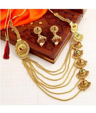 Sukkhi Alloy Golden Traditional Necklaces Set Long Haram