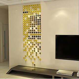 Grahak Trend 100 Pieces (3 cm Each) Square Mirrors Golden 3D Acrylic Sticker.