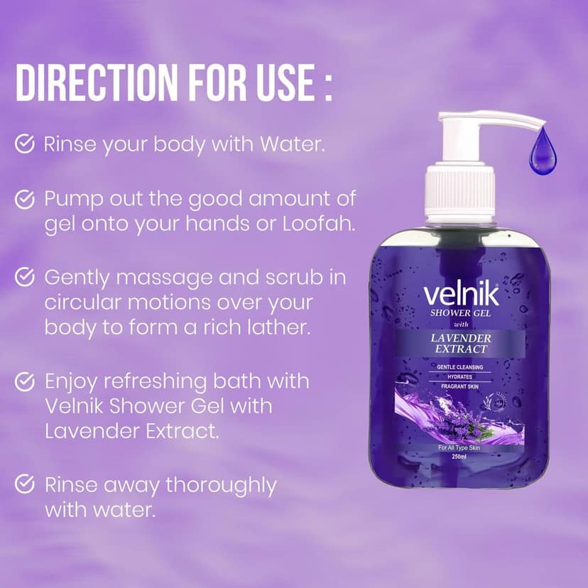 Velnik Shower Gel With Lavender Extract Gentle Cleansing Hydrates Fragrant Skin Body Wash for Women & Men with Skin Conditioners for Radiant Glow & Moisturised Skin, Suitable for All Skin Types 250ml view 3