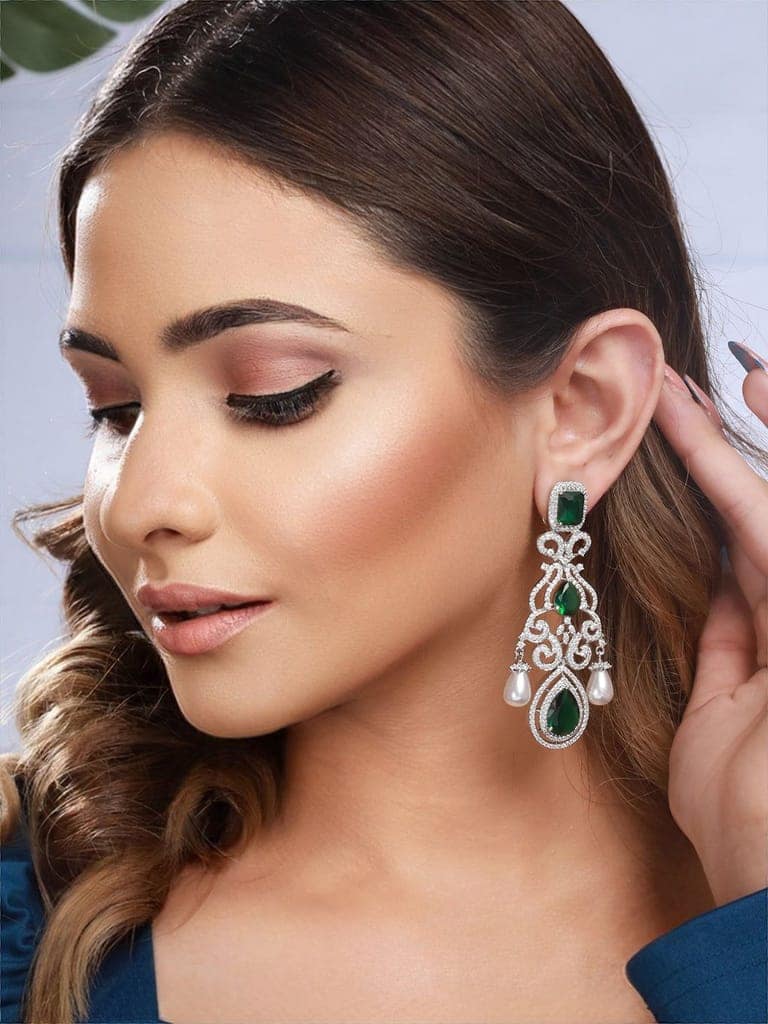 Silver Toned Green Zircon Pearl Beaded Statement Chandelier Earrings view 2