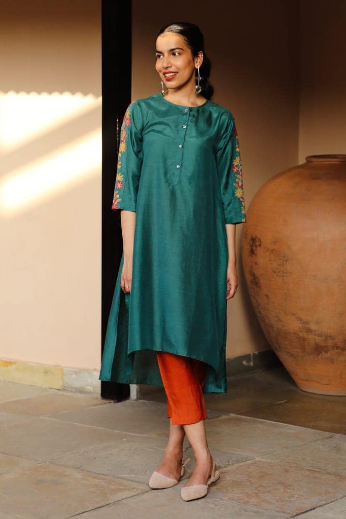 Juhi Teal Green Kurta With Crewel Embroidered Sleeves view 3