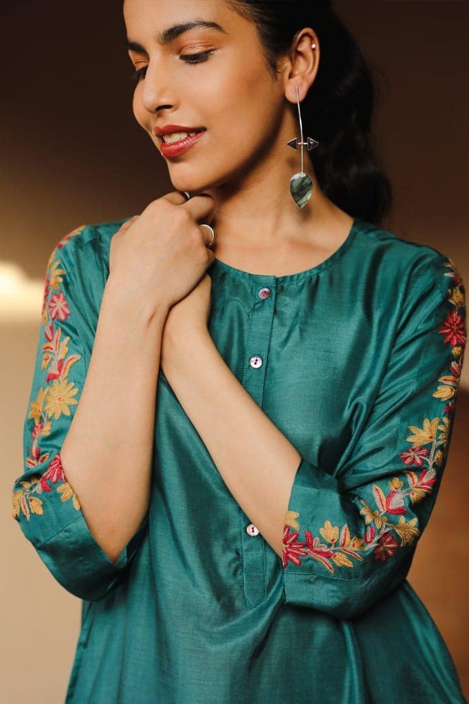 Juhi Teal Green Kurta With Crewel Embroidered Sleeves view 4