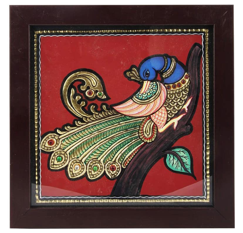 Poompuhar Peacock Tanjore Painting (Multicolour, Gold Foil Work, 7 inch x 0.5 inch x 7 inch).