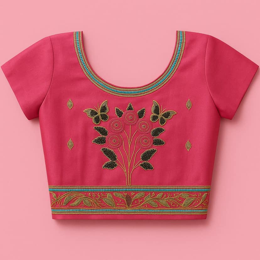 Women's Fuchsia Embroidered Poly Silk Blouse with Butterfly Motif view 4