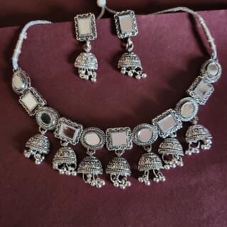 Oxidized German Silver Mirror Necklace with Jumki for Women and Girls