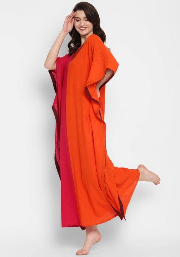 Fuchsia Orange V-Neck Cotton Kaftan with Contrast Stitch Lines view 4