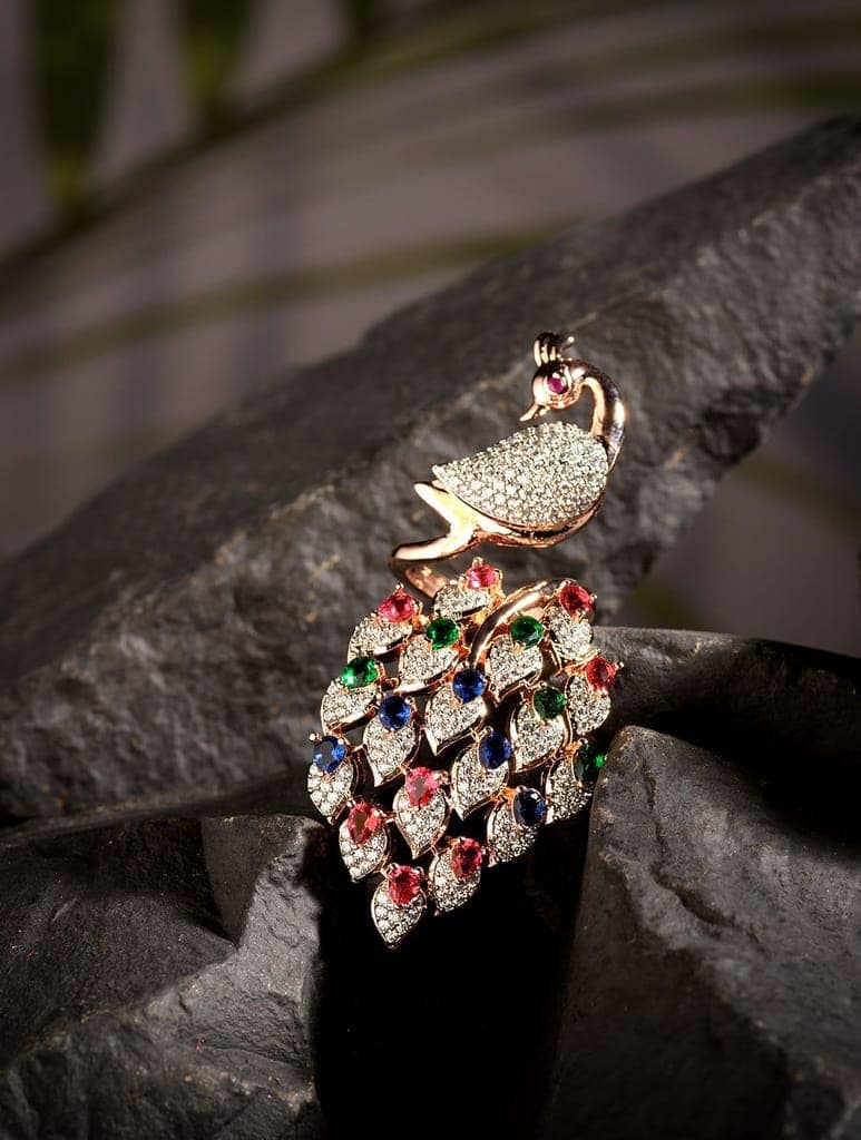 Rose Gold Plated Multi AD studded Peacock Handcrafted Finger Ring view 2