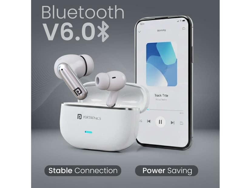 Portronics Twins One Plus Upto 30 Hour Playtime, Game & Music Mode, Bluetooth Version 6, Type C Fast Charging - White view 2