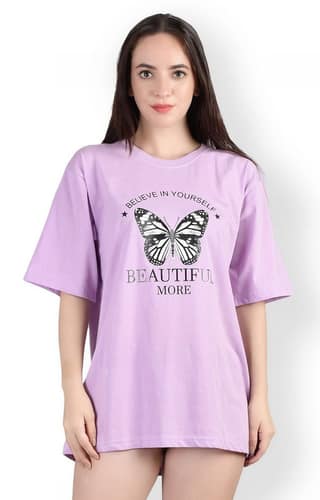 Stylish Butterfly : Quirky Printed Oversized Women's Tees In Mauve Color